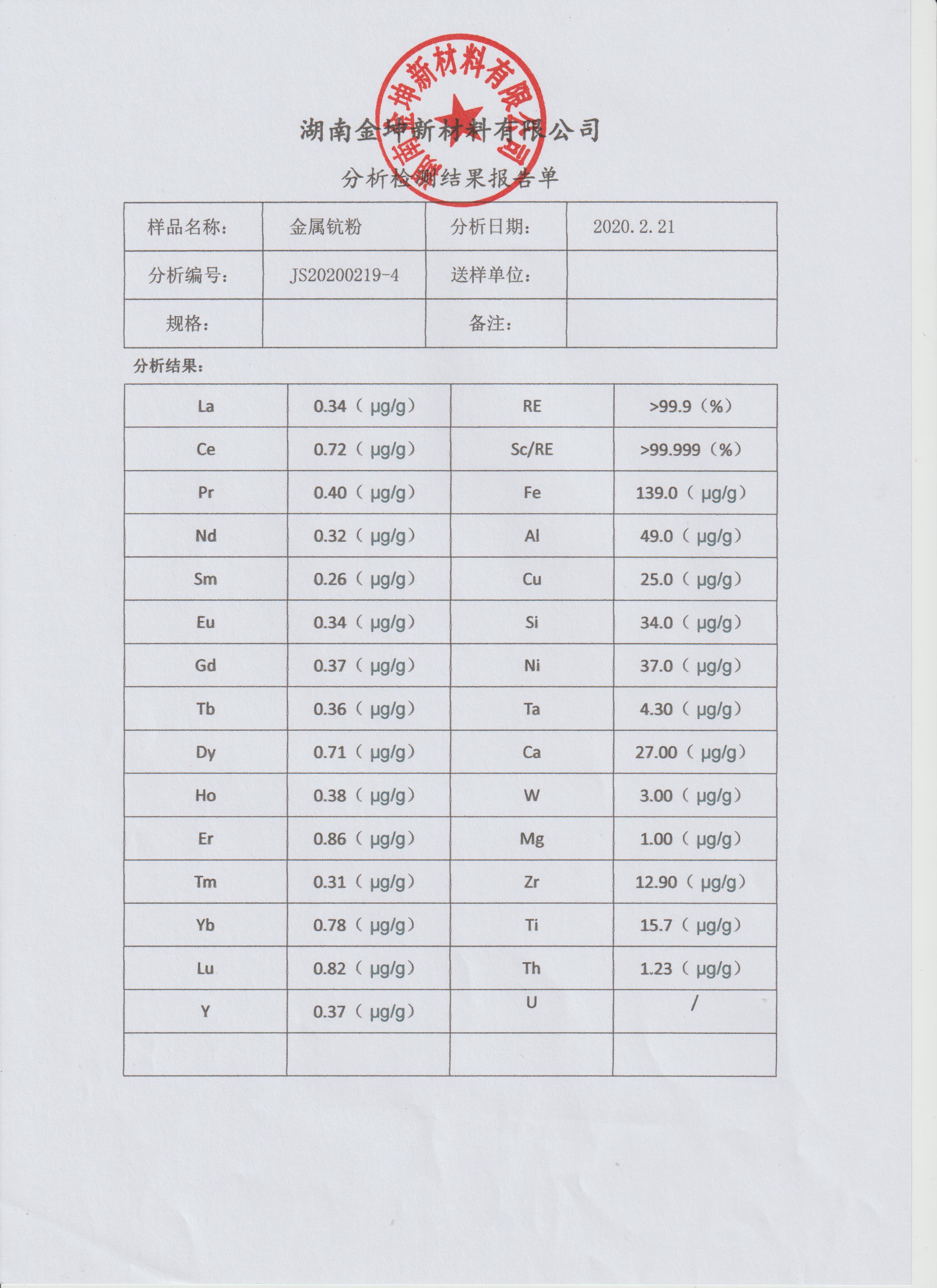 金属钪粉（4N）分析检测结果报告单