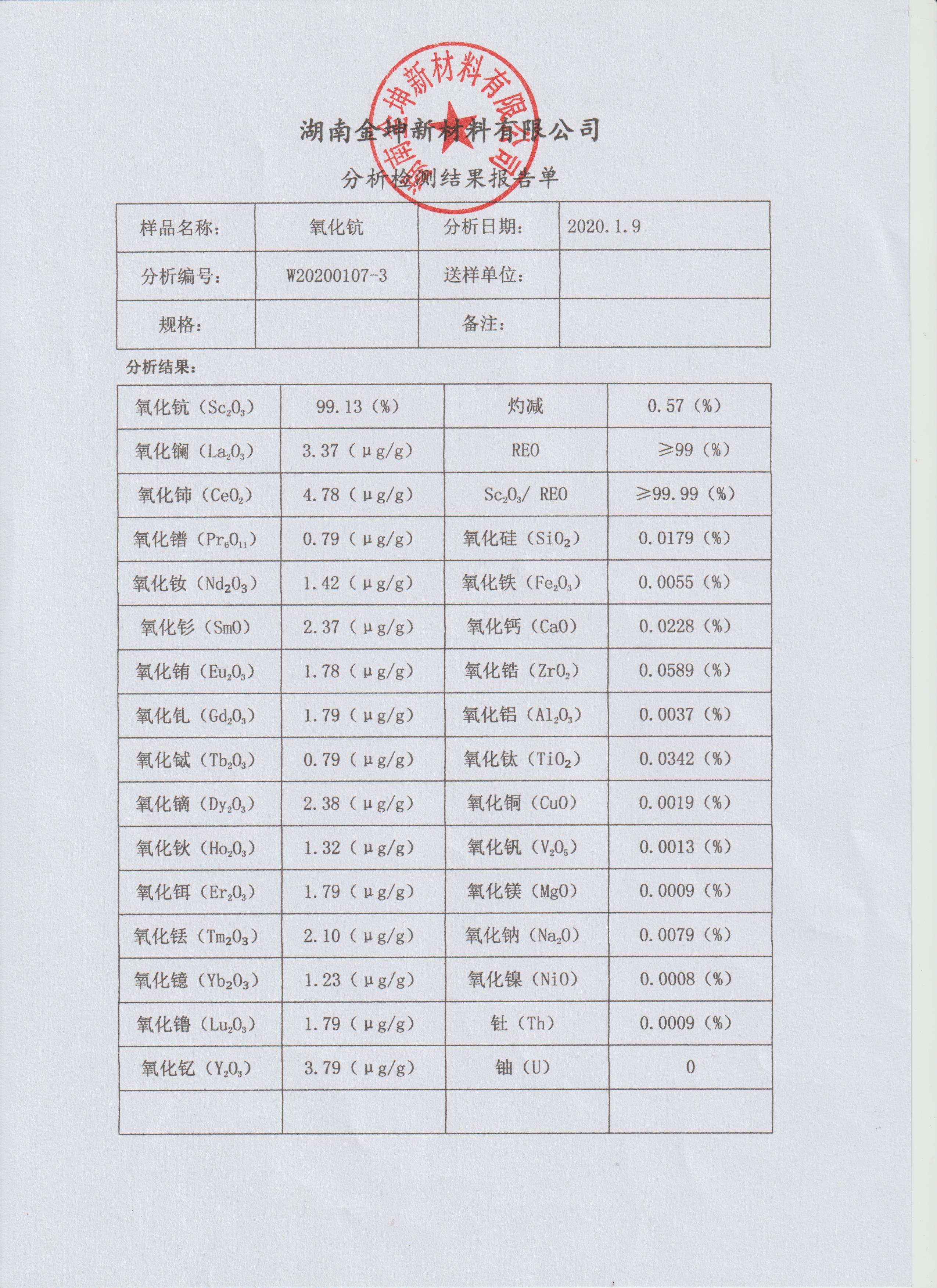 氧化钪（3N）分析检测结果报告单